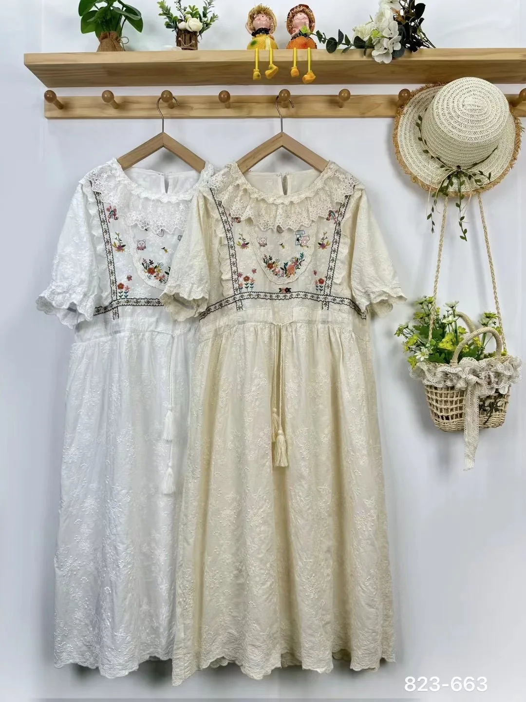 

Mori Kei Clothing Japan Style Vintage Lace Collar Embroidery One-piece Dress for Women Summer Short Sleeve Dress Lolita