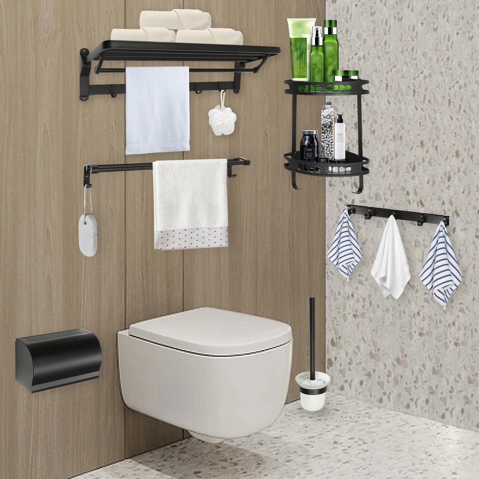 Wall-mounted Black Bathroom Accessories Set, Towel Shelf with Towel Bar, Double Towel Bar, Coat Rack, Double Corner, 6 Pcs