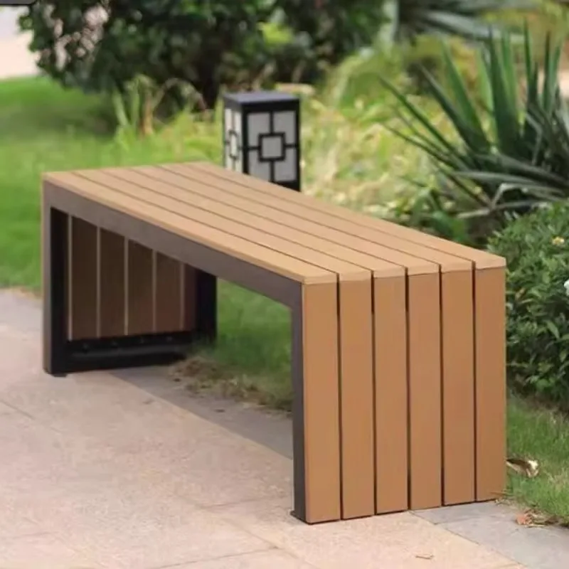 Solid Wood Stainless Steel Outdoor Bench Durable Public Seat for Garden & Courtyard Waterproof Long Bench