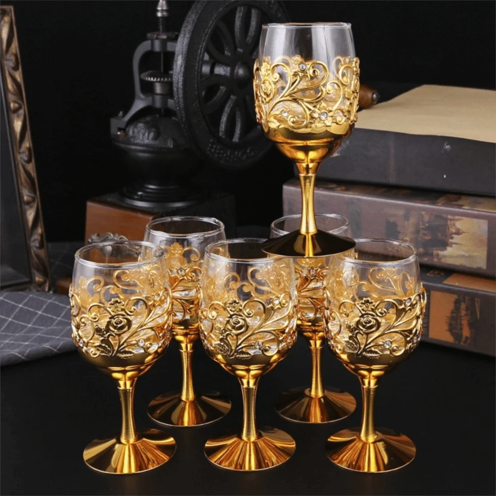 6 Pcs Vintage European Glass Goblet Hollow Engraving Flower Pattern Golden Wine Cup Removable Thickened Wine Drinking Cups