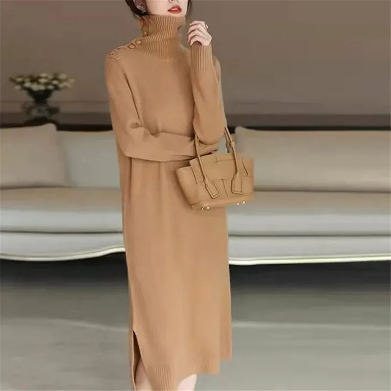 French Style Neck Knit Dress Women's Autumn/winter Inner Long Sleeve Over Coat Sweater Base Sweater Skirt E2601