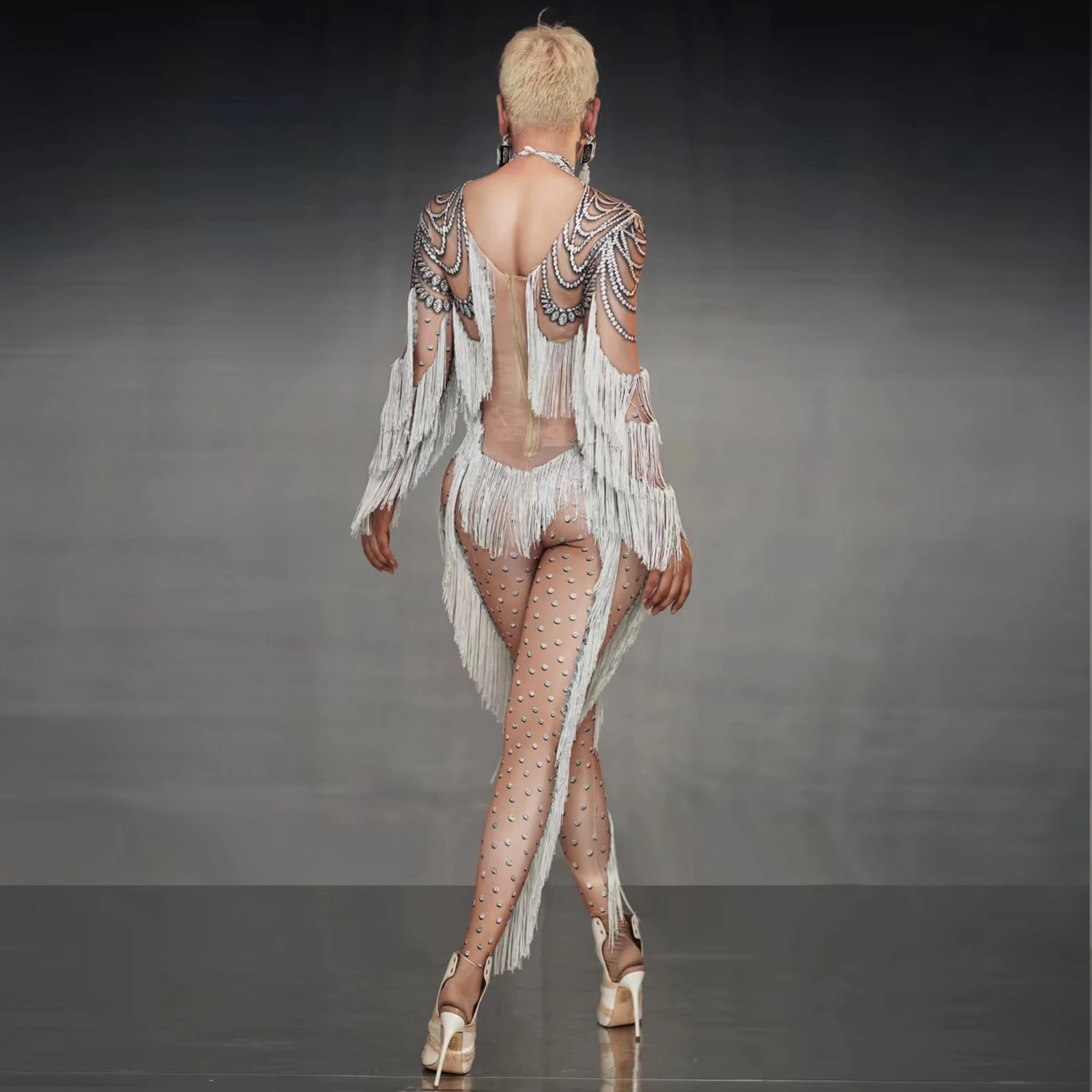 女性のセクシーなロンパースダイヤモンド光沢のあるタッセルストレッチタイトなジャンプスーツパーティーバーナイトクラブ Dj 女性歌手ステージパフォーマンスの服