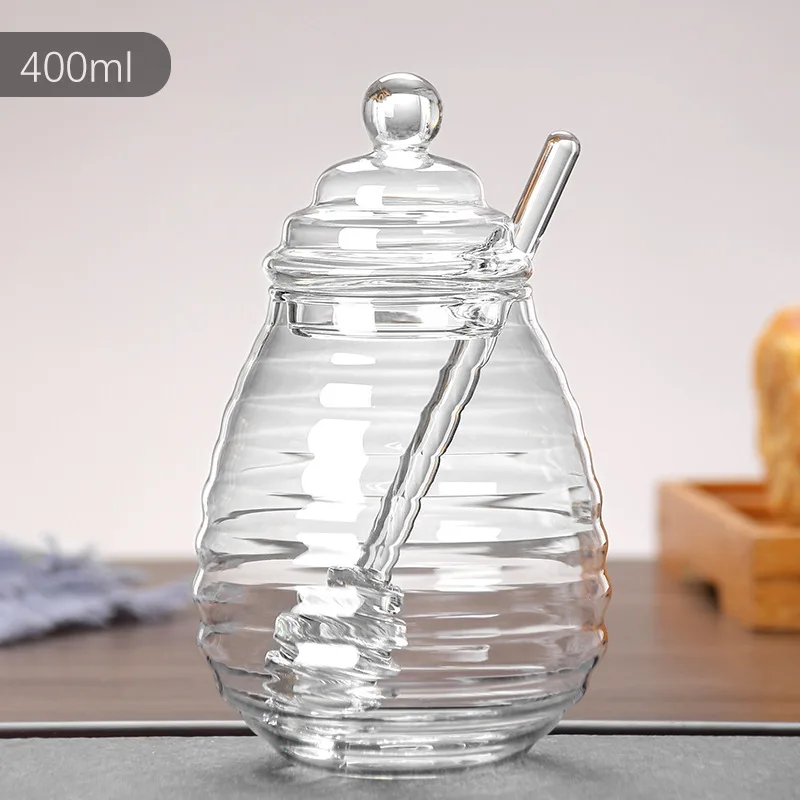 Glass Honey Jar Clear Glass Honey Pot with Dipper Spoon Small Kitchen Storage Bottle Jar Honey Server Container for Syrup