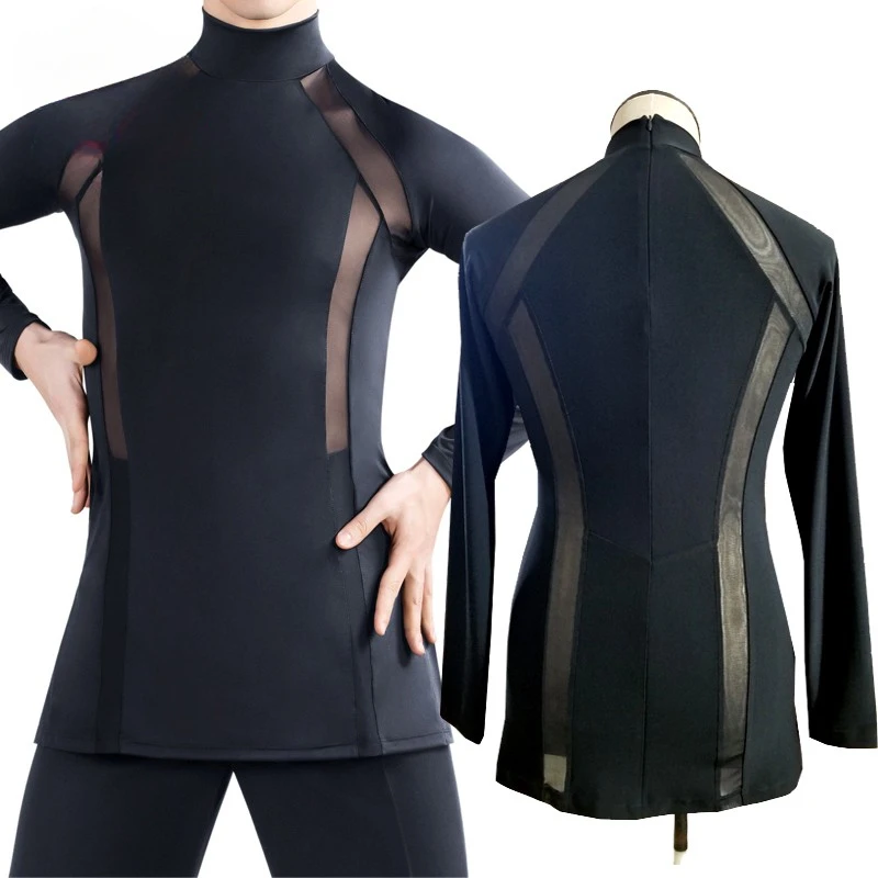 Men High Neck Latin Dance Tops New Mesh Splicing Competition Shirts Long Sleeve Top Practice Dance Suit Ballroom Dance Costumes