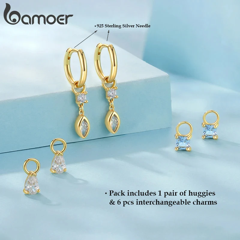 BAMOER Gold Plated Huggie Earrings and Charm Set for Women, Mix and Match Earring Pack with Shining CZ Star Boho Charms YIE262