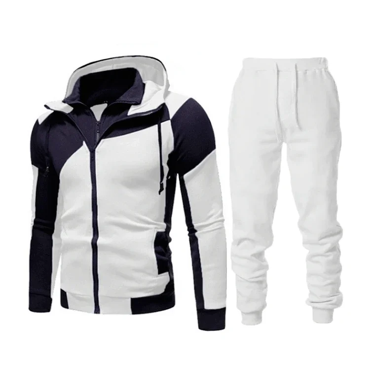 

European and American - style men personalized color - blocking double - zipper hooded leisure sweatshirts in the same color set