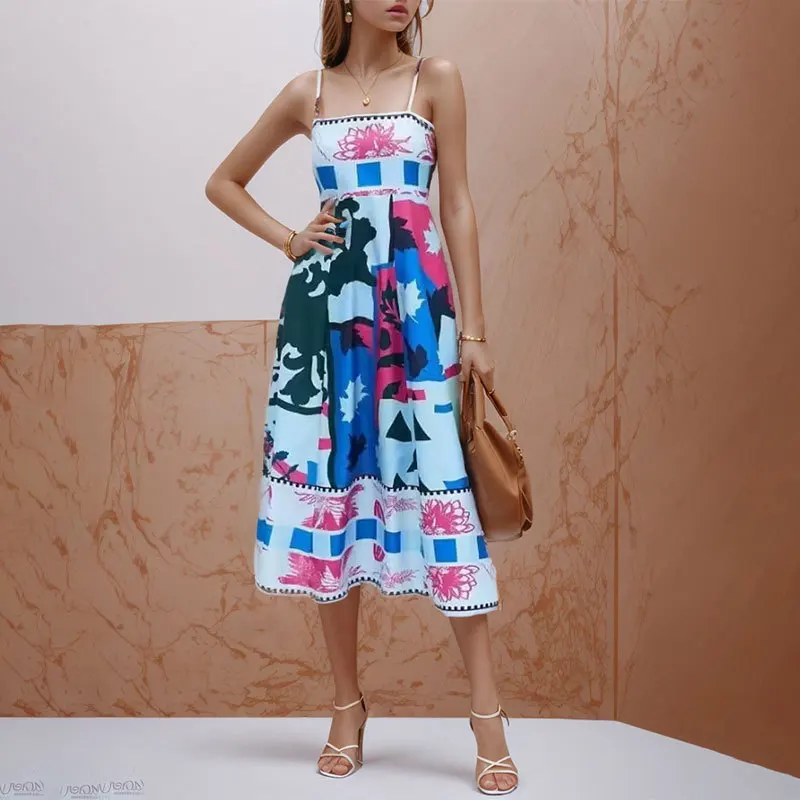 Women's 2024 Summer New Sexy Swing Dress Graffiti Print Sleeveless Slip Dress Boho Dress