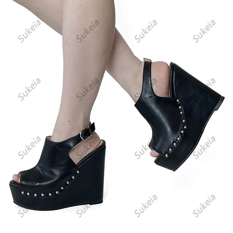 Sukeia Real Photos Women Platform Sandals Wedges Heels Sexy Studded Peep Toe Elegant Black Club Shoes Ladies US Plus Size 5-20