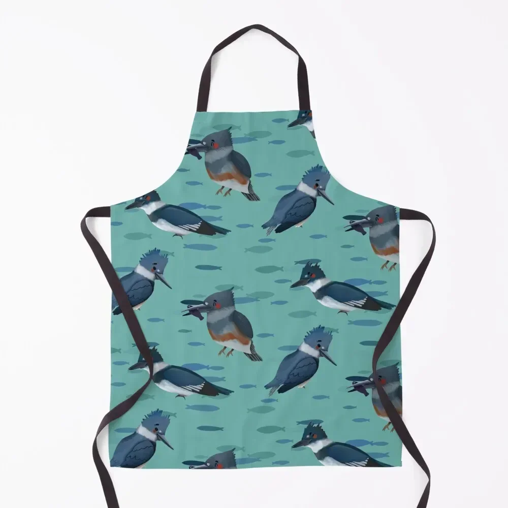 

Belted Kingfisher - Cute Blue and Turquoise Bird Illustration Pattern Apron household woman Household Items Apron