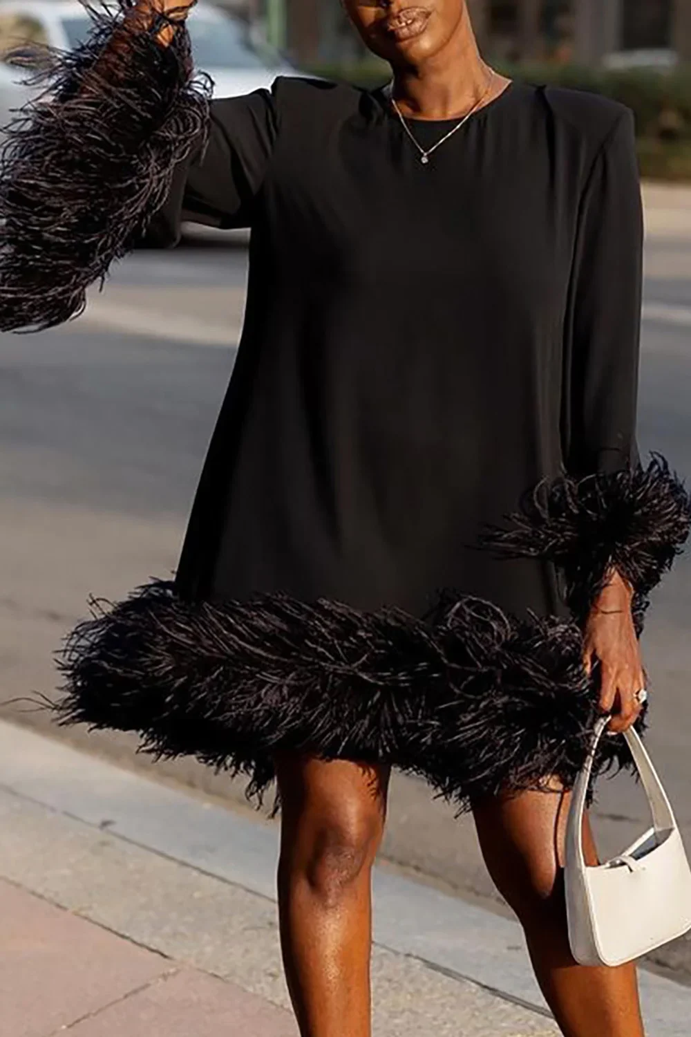 Plus Size Flare Sleeve Femme Pullover Dress Sexy Patchwork Feather Women Evening Dress Fall Elegant O-neck A-Line Mini Dress