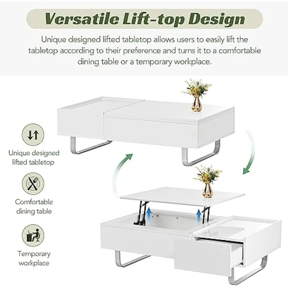 Mesa de centro elevable con almacenamiento, patas con estructura de metal, mesas de comedor de superficie brillante, mesa de centro contemporánea