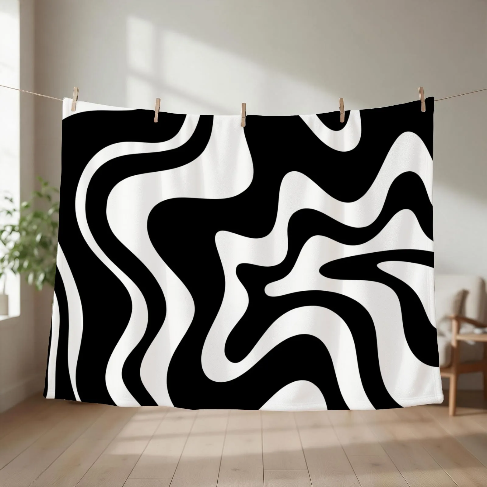 Liquid Swirl Retro Abstract Pattern in Black and White Throw Blanket