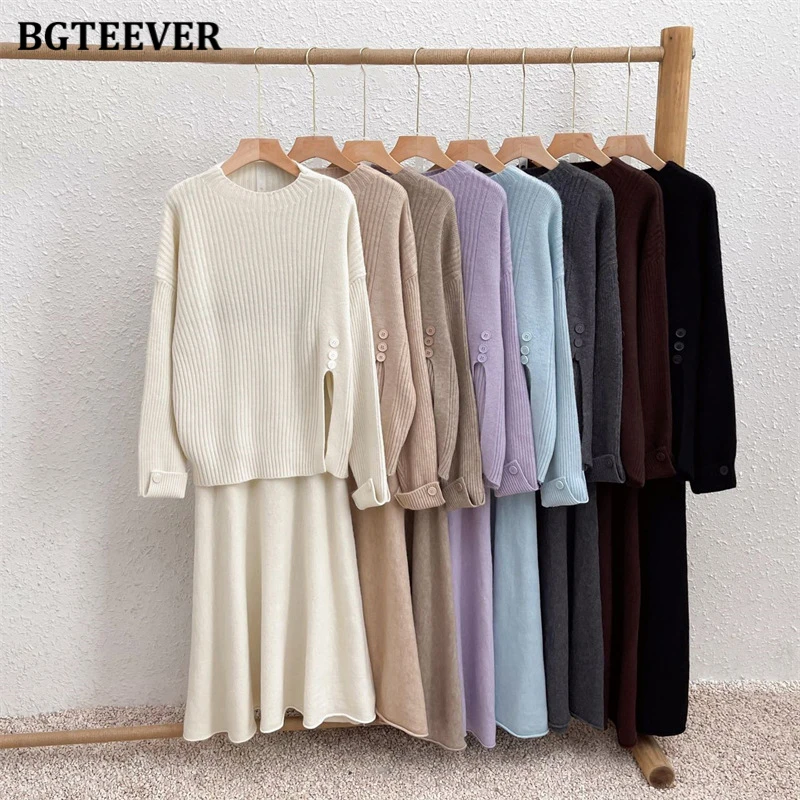 BGTEEVER Casual Warm Loose Women 2 Pieces Knitted Outfits O-neck Side Split Pullovers Sweaters & High Waist A-line Skirts