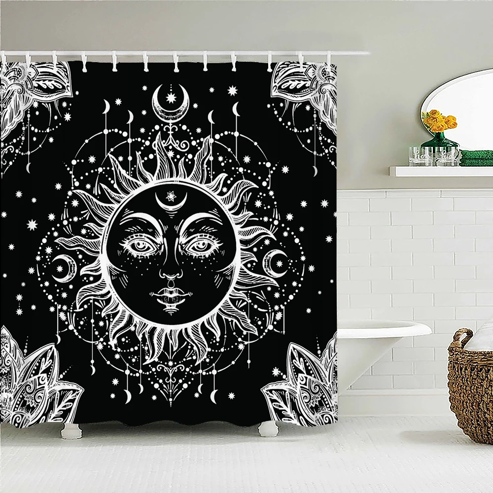 White Black Sun Moon Mandala Printed Fabric Shower Curtains Retro Bath Screen Waterproof Products Bathroom Wall Decor with Hooks