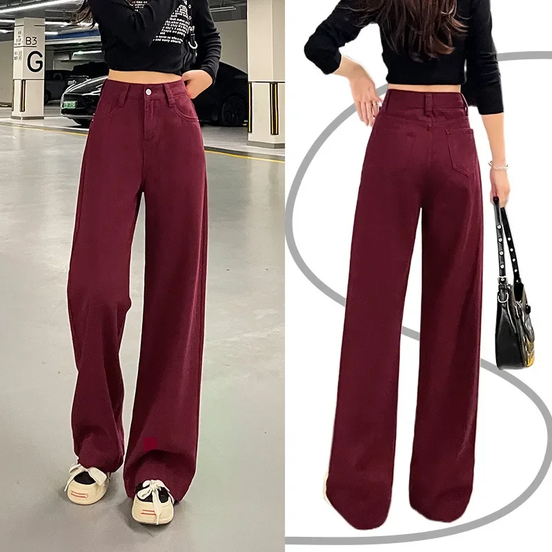 Calça jeans vermelha Ancola simples e confortável de pernas largas. Nova moda feminina primavera e outono baggy cintura alta perna reta jean