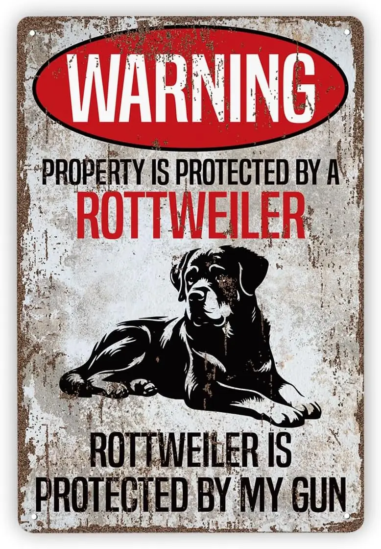 Vintage Metal Tin Signs, Beware of Dog, Property Protected by Rottweiler, Great Gift for Rottweiler Lovers, Funny Metal Beware o