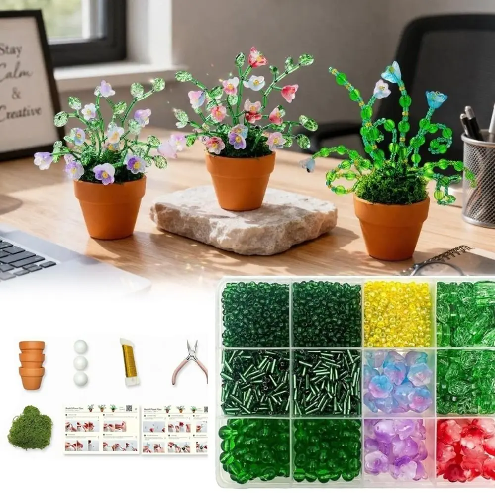 Green Glass Potted Plants Beads with Pots Tools Creative Gift DIY Bead Craft Kit Beading Leaf Beaded Plant Set For Adults Teens