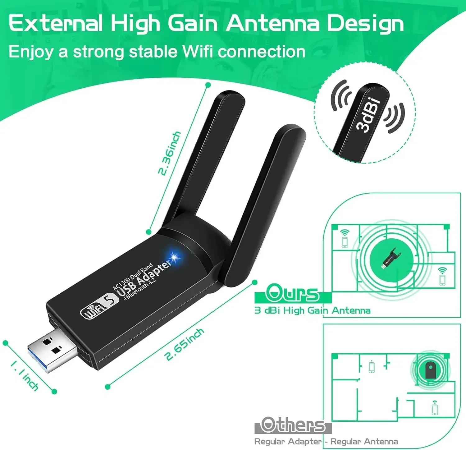 1300 Мбит/с USB Wi-Fi Bluetooth адаптер двухдиапазонный 2,4/5 ГГц беспроводной сетевой внешний приемник мини-Wi-Fi ключ для ПК/ноутбука/настольного компьютера