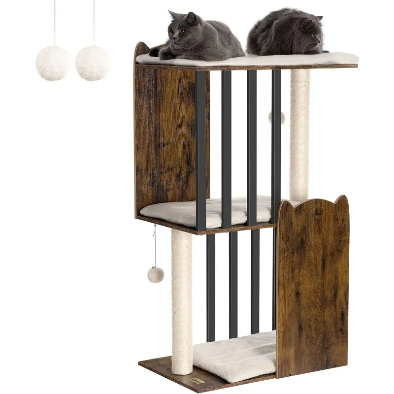 43.8in 3-Tier Modern Cat Tree Tower Condo, Cat Scratch Posts for Indoor Cats, Big Plate, Two  Full Sisal Scratching Posts