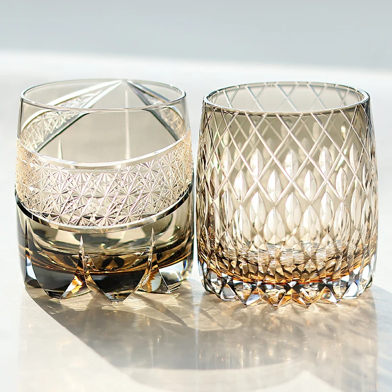

Handcrafts Grey Colored Crystal Cocktail Whiskey Glasses Edo Kiriko's Traditional Japanese Style Design With Gift Box