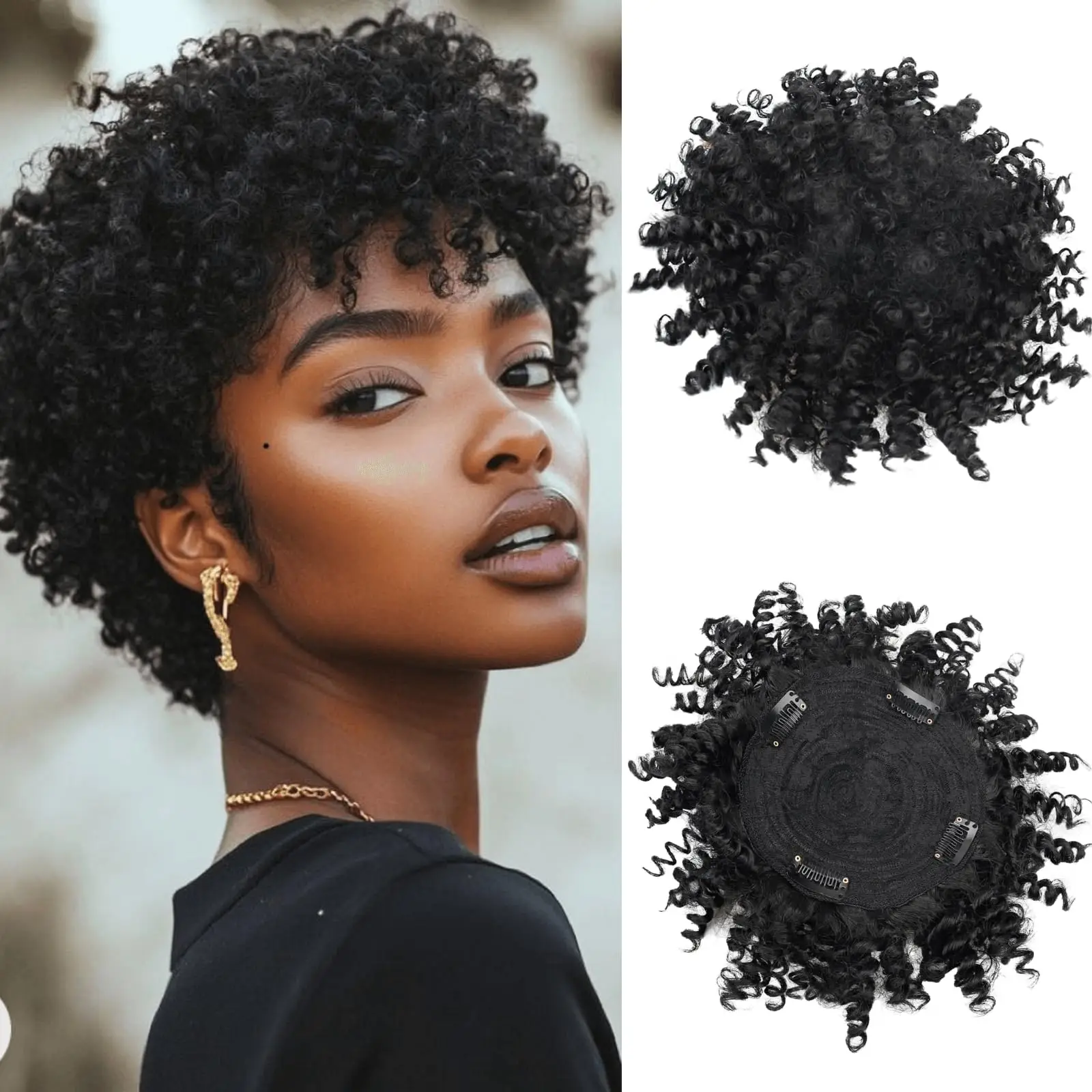 Short Afro Kinky Curly Hair Topper for Women - 6inch Braided Dreadlock Toupee with 4 Clips 360° 3D Large Cover Synthetic Hairpi