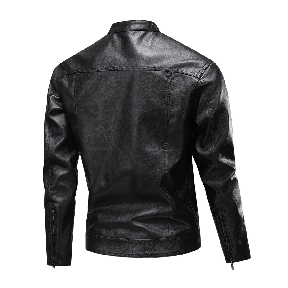 Stand Collar PU Jacket Men Motorcycle Biker Baseball Jacket Coat Fashion Casual Cargo Jacket Male PU Coat Black