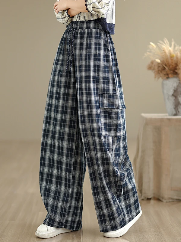 

Laid-ba Plaid Wide Leg Pants Belted plus Size Slimming Casual Long Trousers Women High Waist Straight Tube Spring Casual