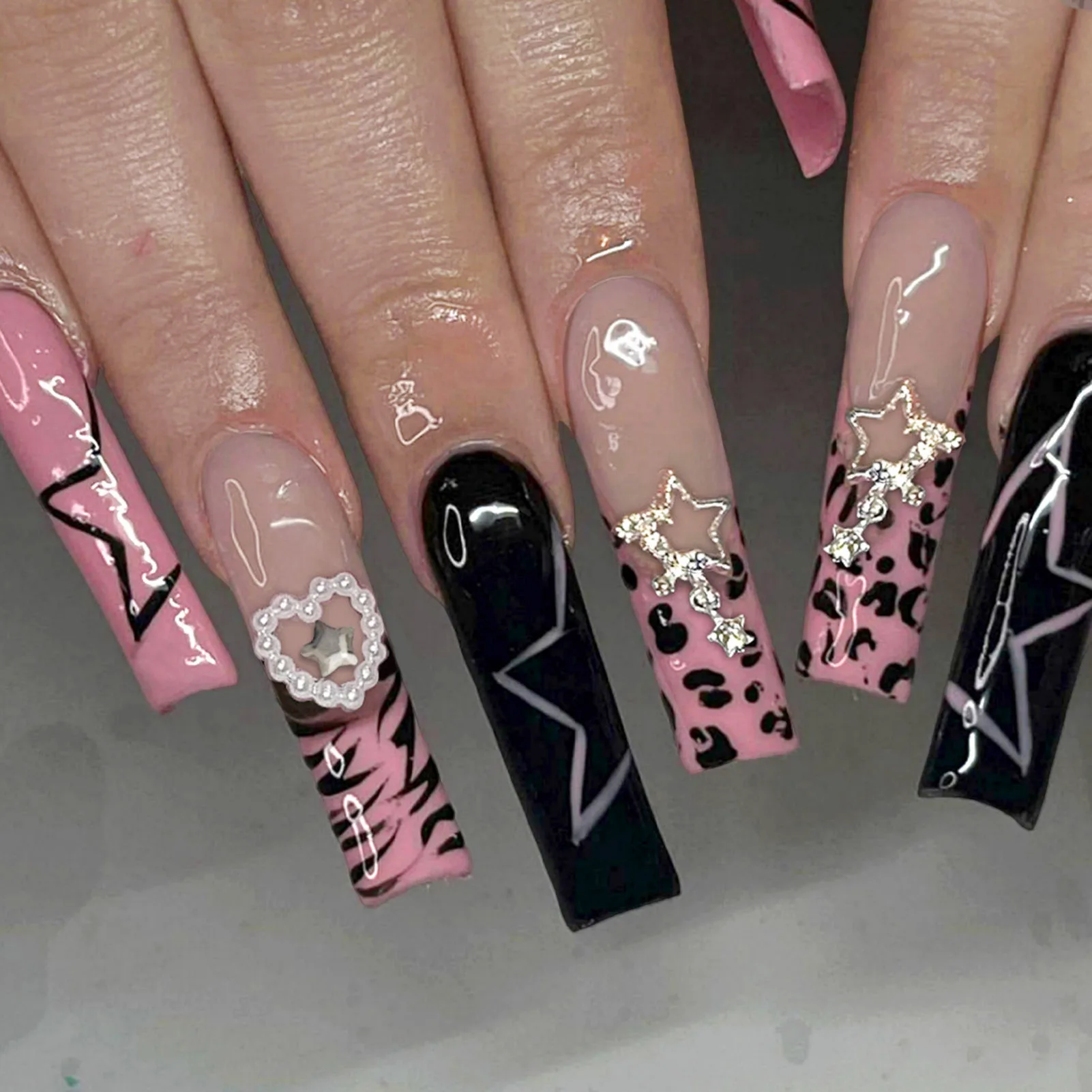 Rose Pink Long Coffin Fake Nails French Style Leopard Star Printed Press on Nails Y2K Girls Charms Manicure Black False Nails