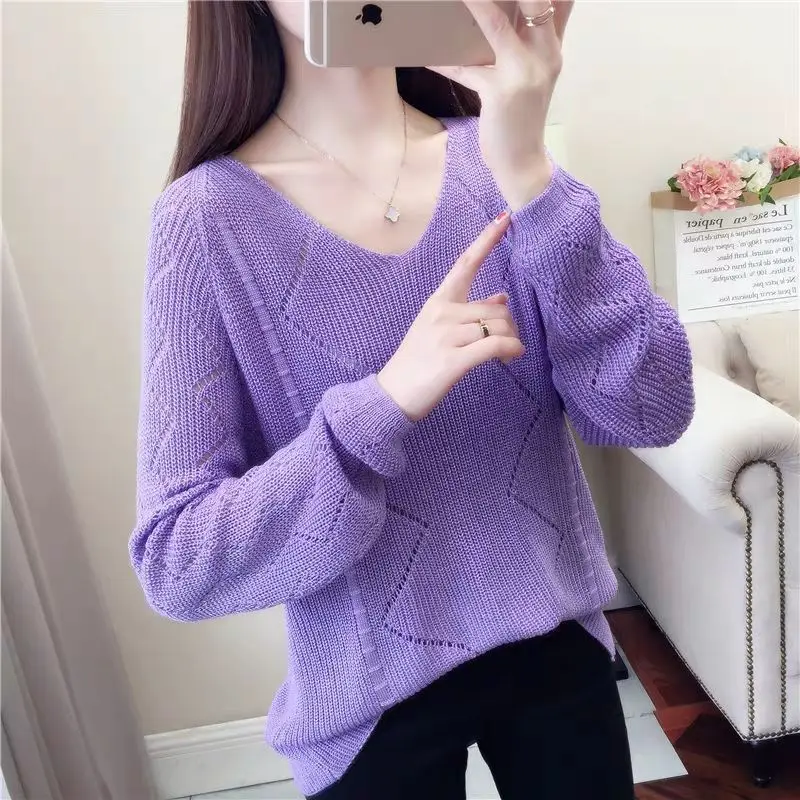

2021 New Women's Spring Top Sweater Elegant Western Thin Style Wild V-neck Loose Bottoming Hollow Knit Pullover Woman Sweaters
