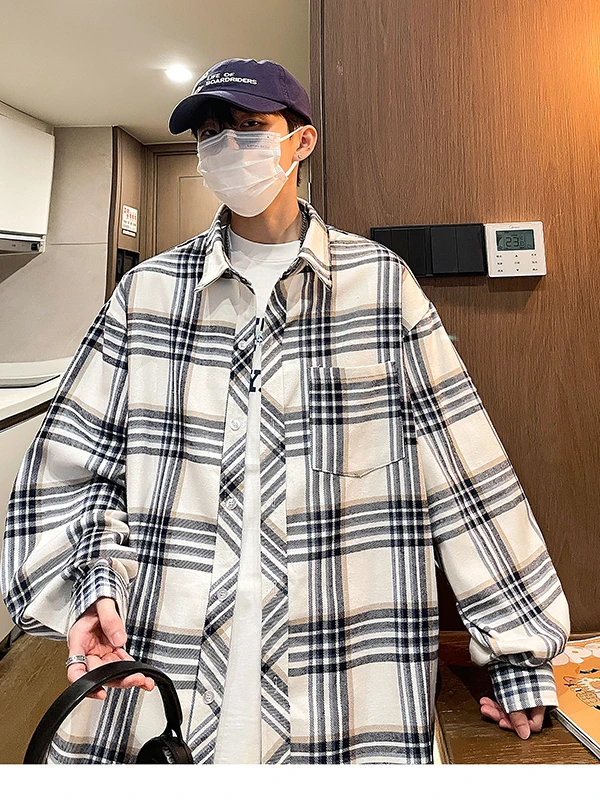 

Модная мужская рубашка в клетку с длинным рукавом, весенне-осенняя повседневная верхняя одежда в корейском стиле, из полиэфирного волокна, для активного отдыха