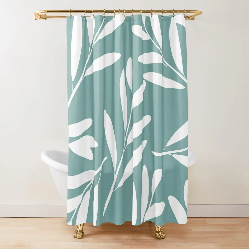 

Floral Botanical Leaves, White on Aqua Turquoise Shower Curtain Anti-Mold Waterproof Shower Bathroom Box Curtain