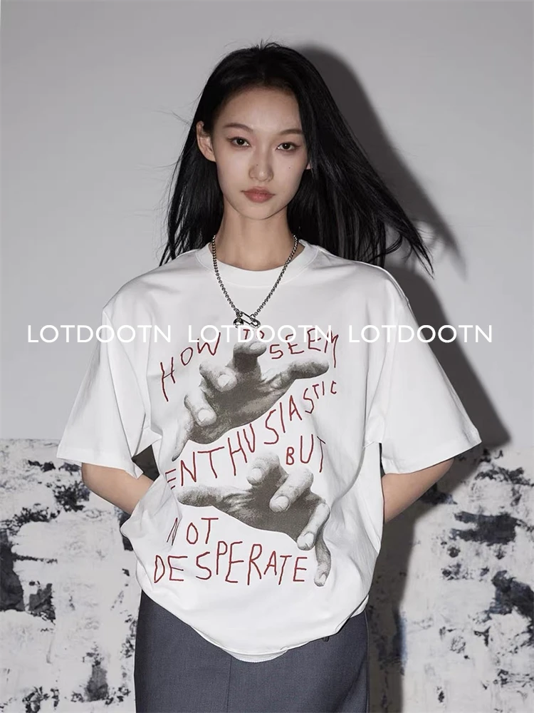 LOTDOOTN 100% Cotton Gothic Tops Women Vintage Graphic Print Patchwork Short Sleeves TShirts Y2k White Aesthetic Tees Streetwear