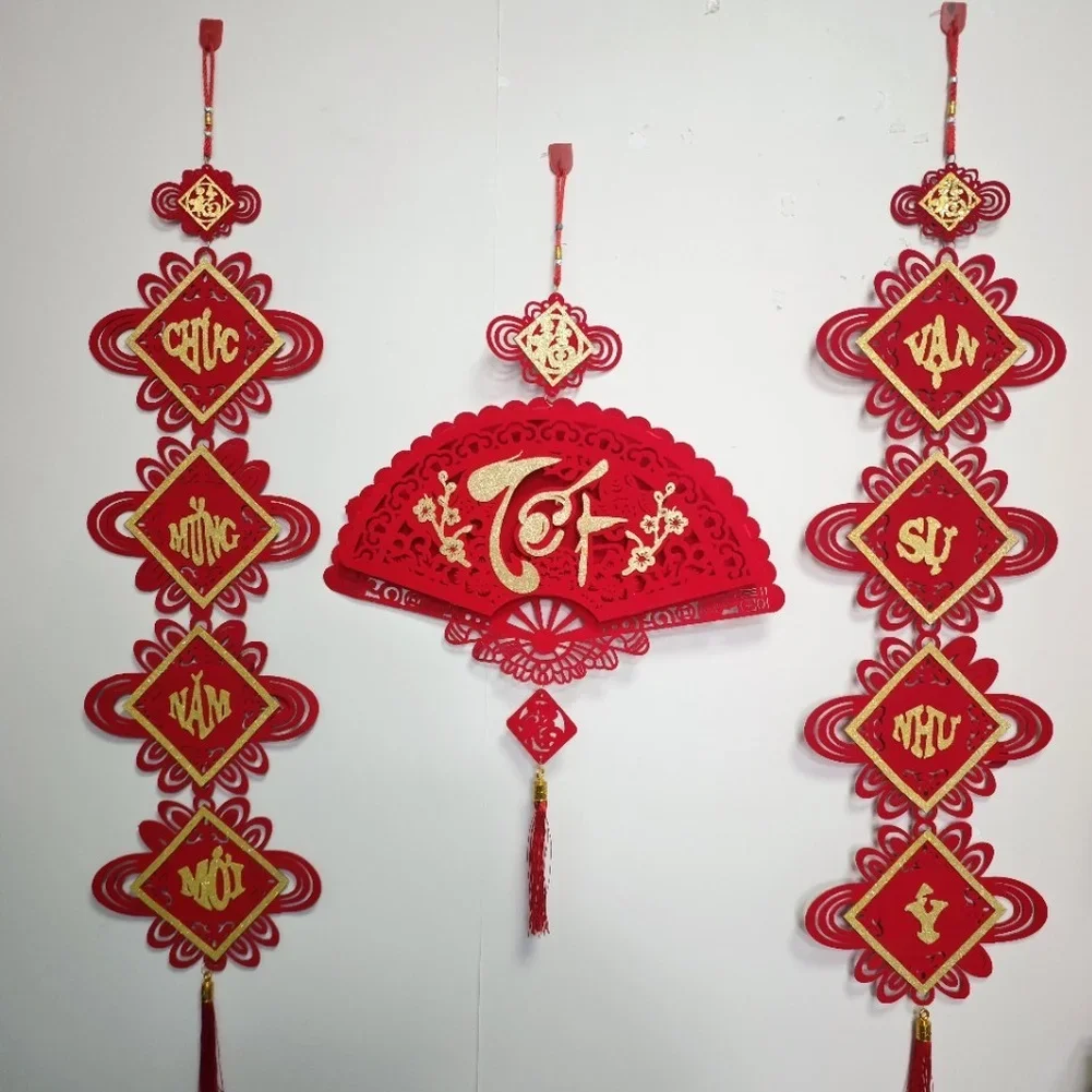 Vietnamese Tet Fan Shaped Hanging Ornament In Flannel Felt Material With Traditional Text For Lunar New Year And Spring Festival