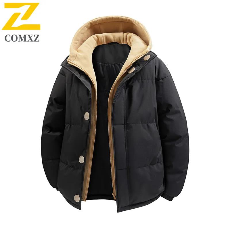 Men Parker Coat Thickened Fake Two Piece Hooded Winter Windproof Hiking Travel Bread Jacket Skiing Warm Cold Proof Parker Coat