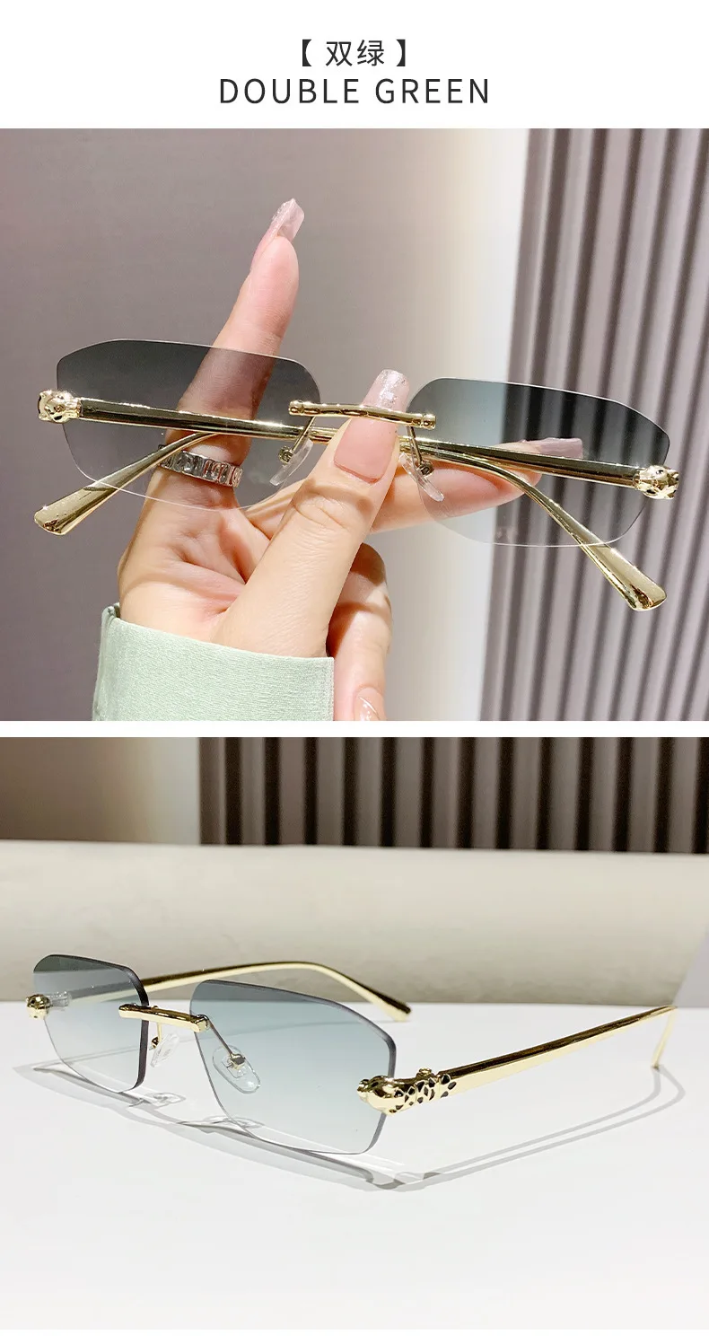 Classic Frameless Small Frame Fashion Sunglasses Metal Polygonal Cheetah Sunglasses High-End Luxury Retro Sunglasses Women UV400