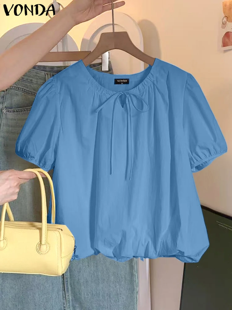 VONDA Mode Zomer Korte Mouw Blouses Vrouwen Tuniek Tops Bandage O-hals Casual Solid Losse Elegante Kantoor Koreaanse Zoete Blusas