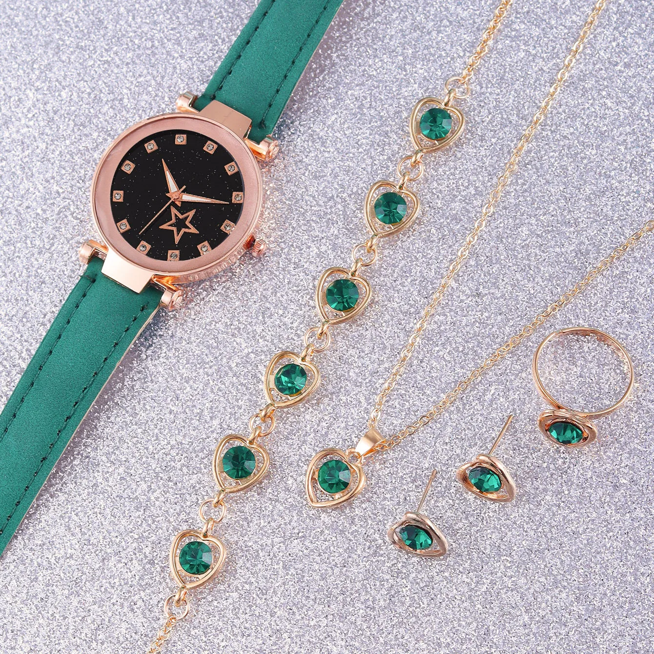 6 ชิ้นชุดใหม่ผู้หญิงหนัง Rhinestone หญิงนาฬิกานาฬิกาควอตซ์ + สร้อยคอ + สร้อยข้อมือ + แหวนและต่างหูนาฬิกาลําลอง