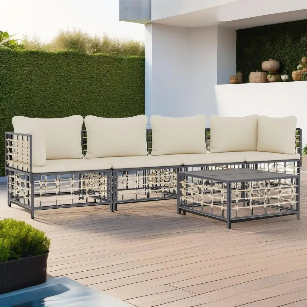 5-Piece Anthracite Poly Rattan Patio Lounge Set with Cushions - Stylish Outdoor Seating