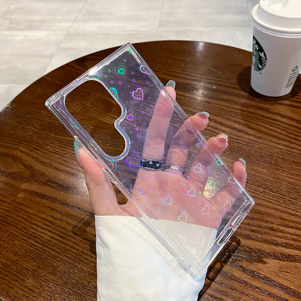 For Samsung Galaxy S26 S25 S24 S23 Case Transparent Laser Heart-Shaped Pattern Cover, Cute and Elegant Style Anti-Fall TPU Shell
