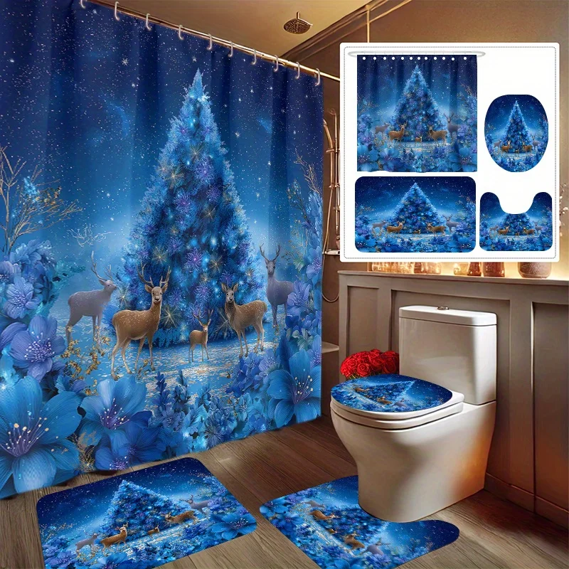 

4pcs Christmas Night Scene Printed Shower Curtain Set, Decorative Bathroom Set Includes Shower Curtain, Non-Slip Floor Mat