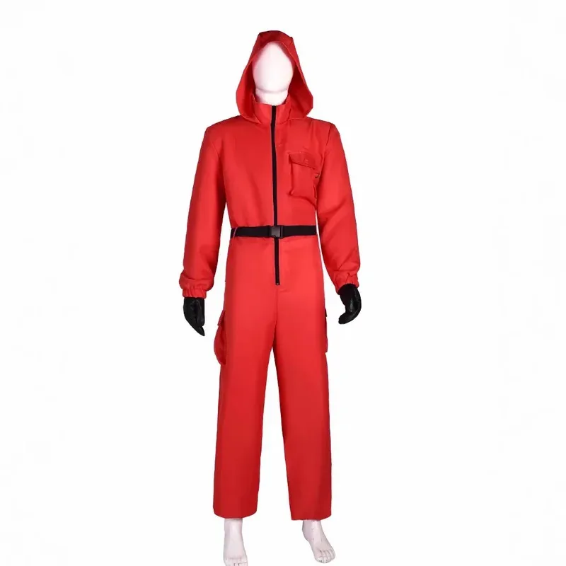 

Halloween Calamari Game Guard Cosplay Costume Red Jumpsuit Outfit Adult KidsTeenagers Tracksuit Hooded Overall Gloves mask Set