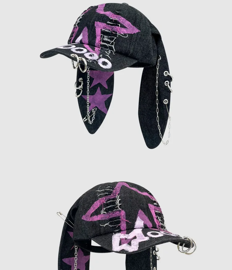Rabbit Eared Cowboy Ripped Baseball Cap Dark Punk Hottie Photos Peaked Cap