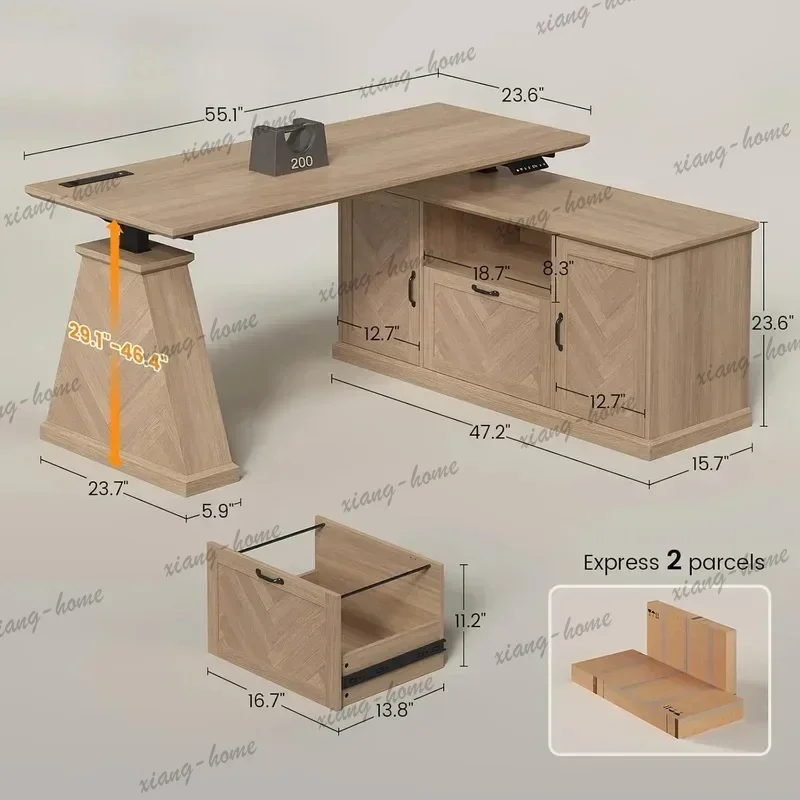 LD High Quality 55.1 x 47.2 Inch Farmhouse L-Shaped Electric   Height Adjustable Workstation with Power Outlet 2 Storag