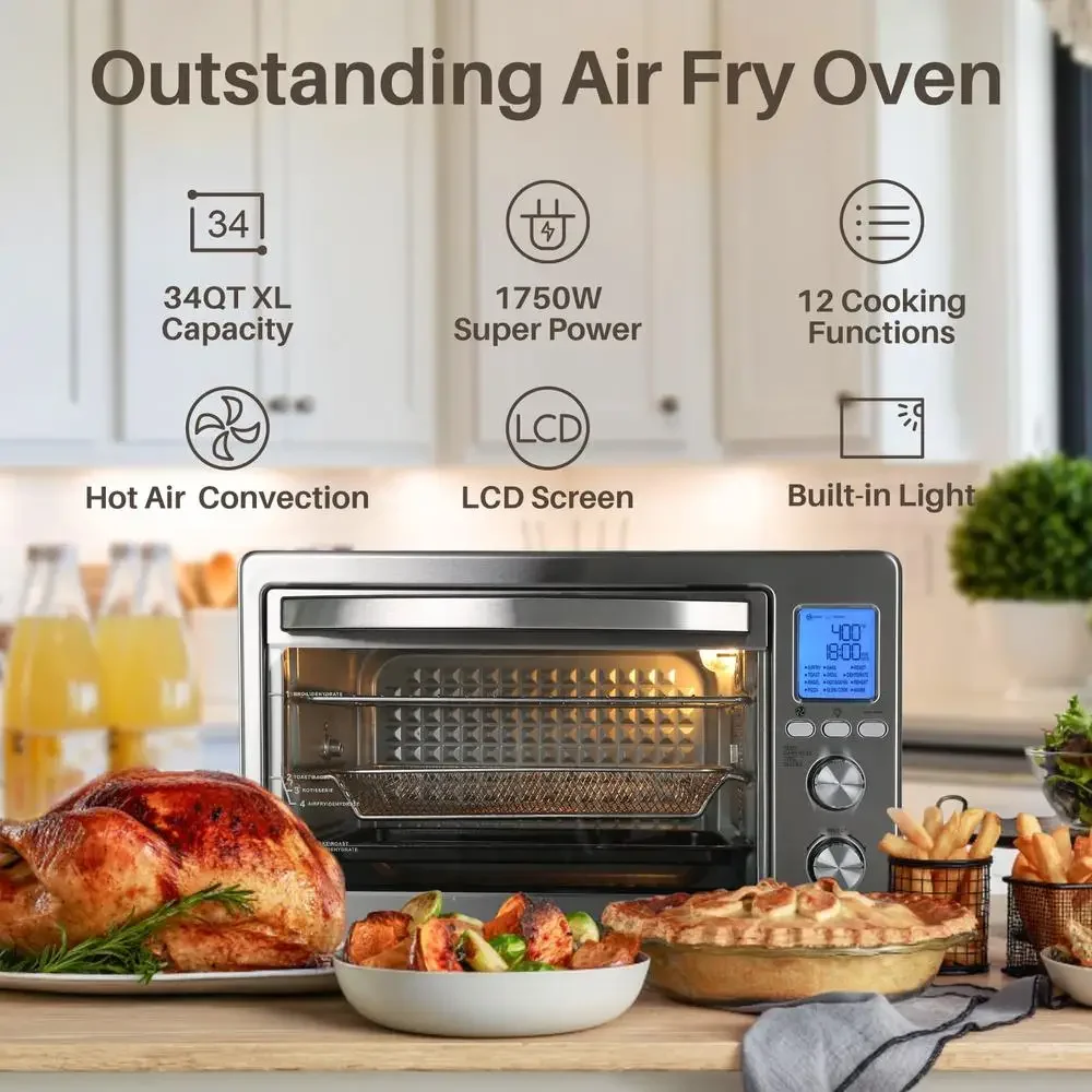 Air Fryer Toaster Oven 12-in-1 Countertop Oven with Speedy Convection Large 34 QT Capacity 1750W Stainless Steel Gray