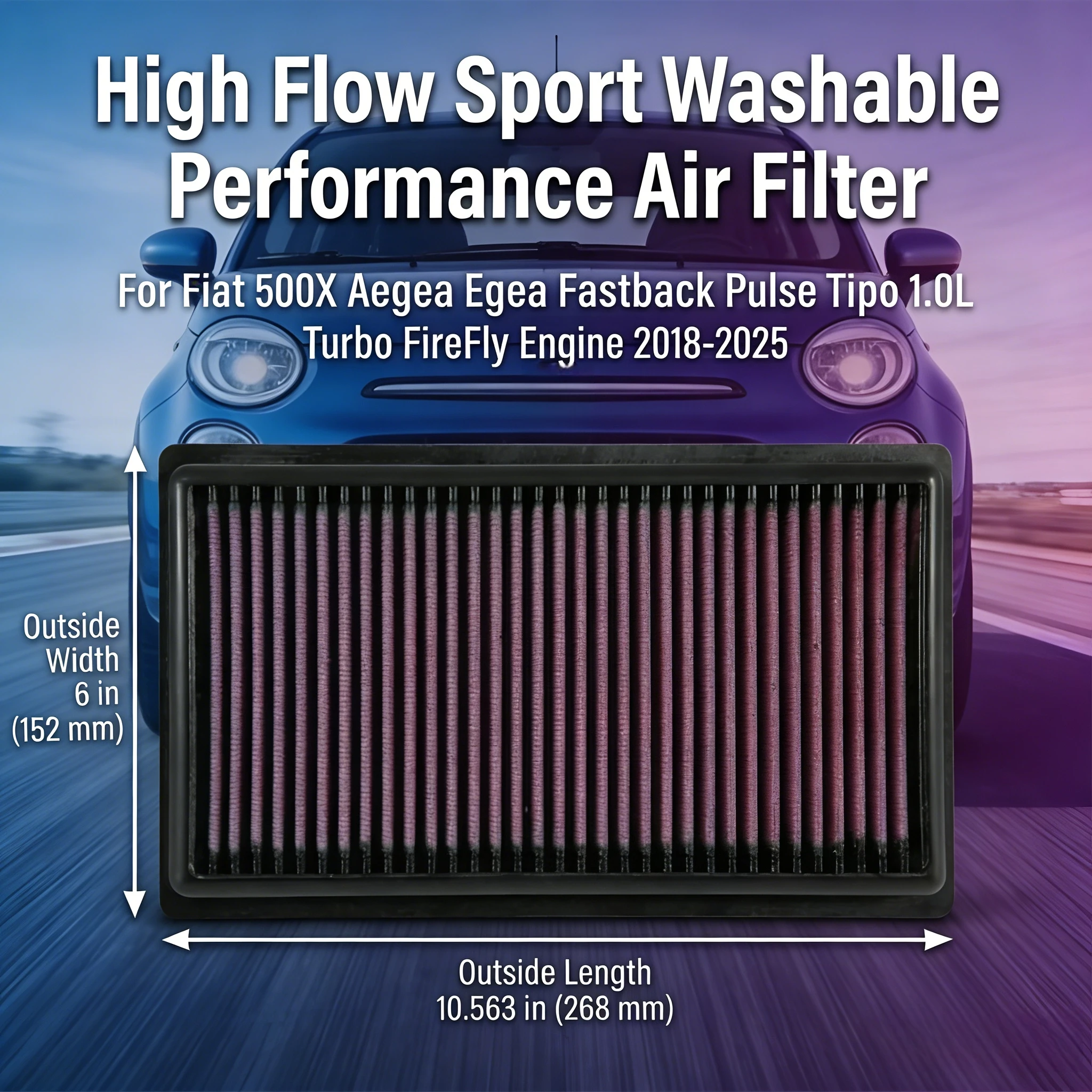 

For Fiat 500X Aegea Egea Fastback Pulse Tipo 1.0L Turbo FireFly Engine 2018-2025 High Flow Sport Washable Air Filter Replacement