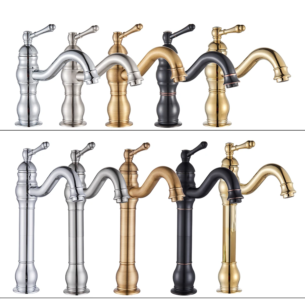 Antique Brass Basin Vessel Sink Faucet Deck Mounted One Hole Cold Hot Water Cold Hot Mixer Tap Bathroom Faucet  1 Holefaucets an