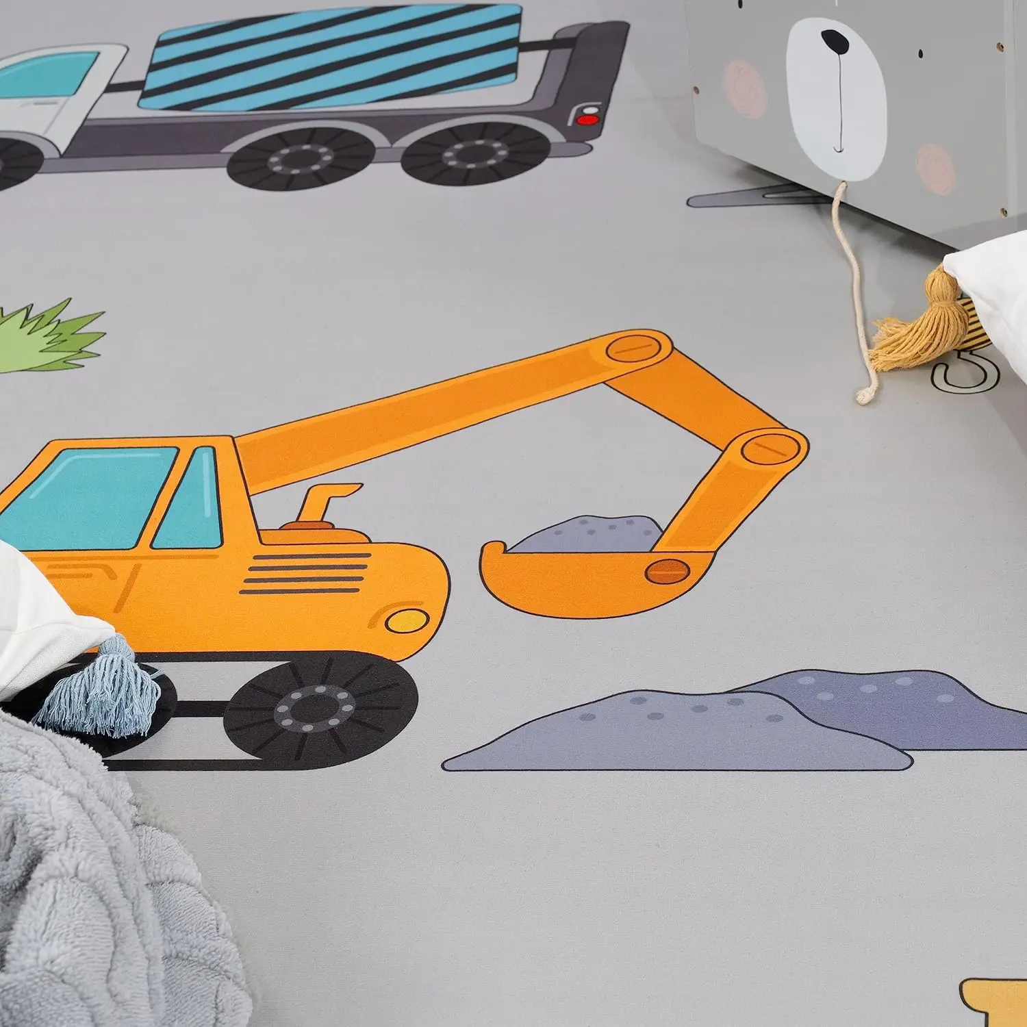 Durable Round Construction Vehicle Play Mat Area Rug for Kids Room Nursery Decor Toy Car Dump Truck Crane Foam Polyester Playroo