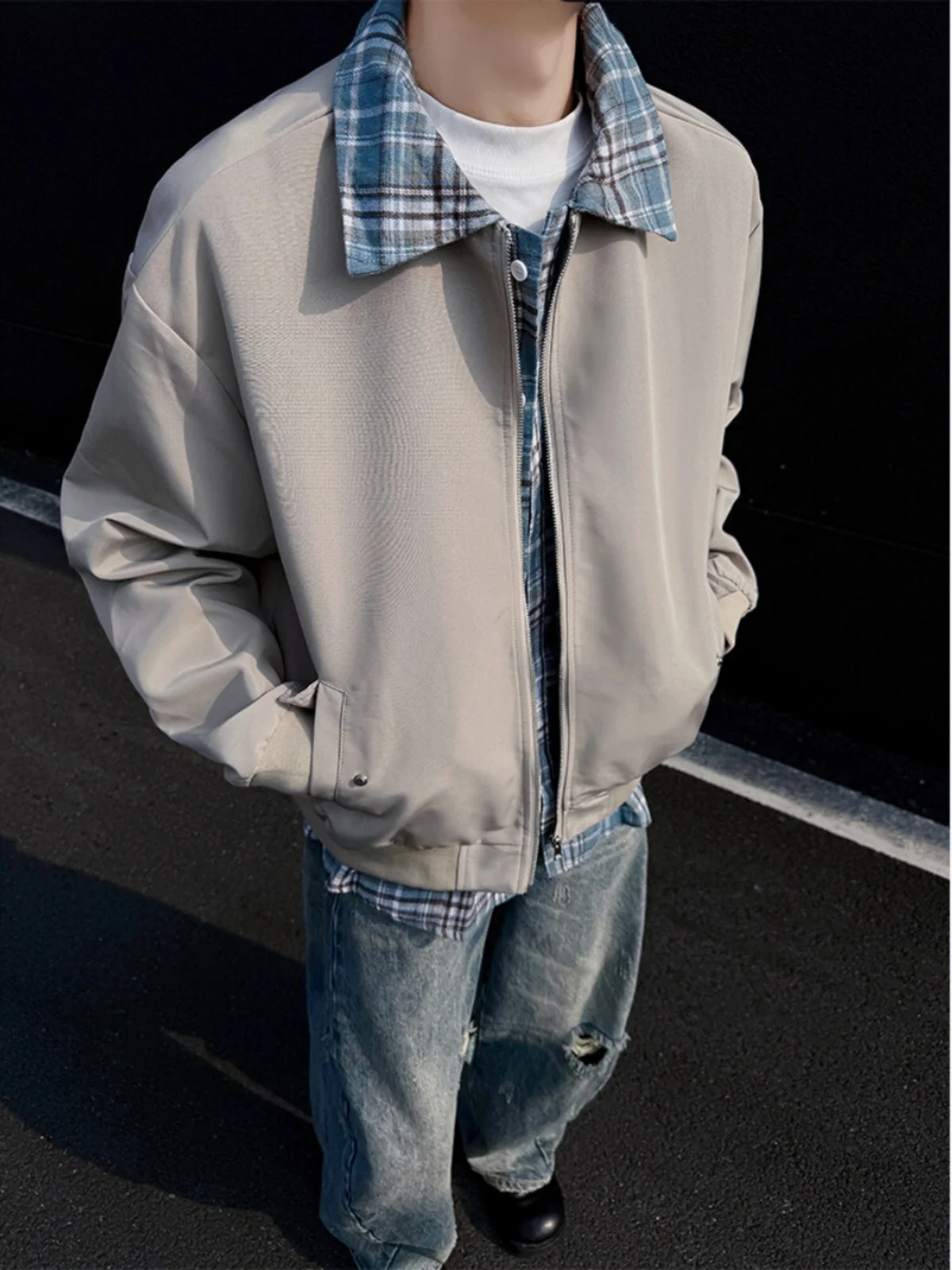 

Cleanfit Plaid ort Baseball Jaet Fake Two-Piece Pilot Sle Men's Spring Autumn Outerwear Loose Fit Windproof Youth Trend