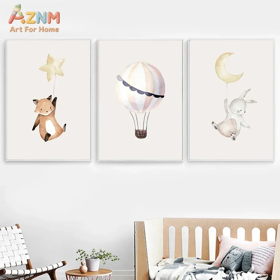 AZNM Watercolor Cartoon Animal Canvas Wall Art Fox Rabbit Lamb Hot Air Balloon Moon Star Print Unframed Canvas Soft Neutral Nurs