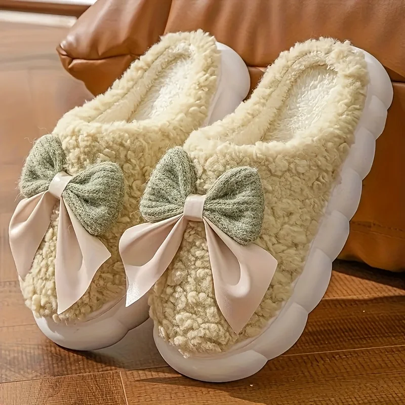 Women'S Bow Designed Fleece-Lined Slippers Soft Sole, Quiet Wear, All-Season Comfort, Ideal for Home Use, Perfect Christmas Gift image 6